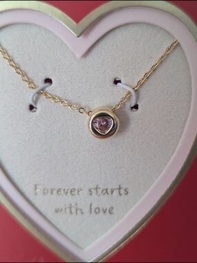 14 K Gold-Dipped Heart Pendant Necklace with Pink Cubic Zirconia